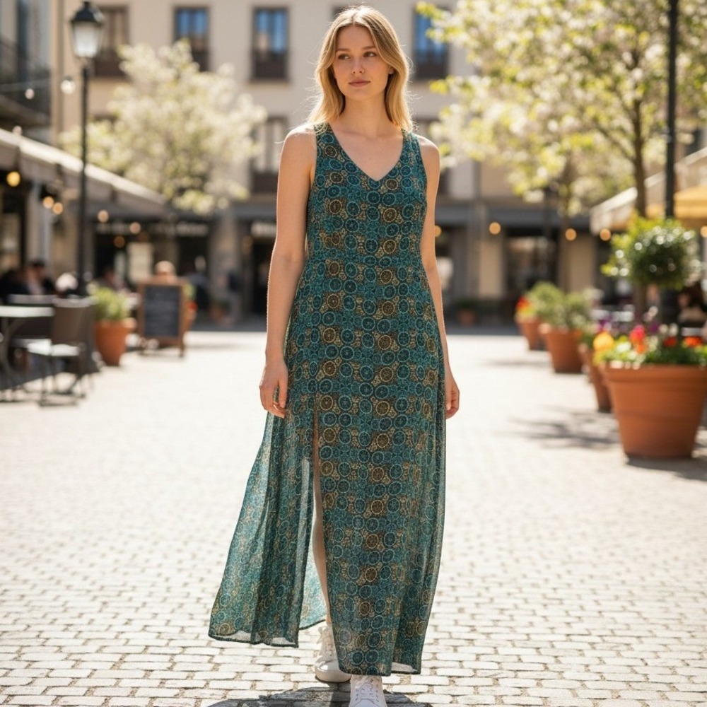 RVCA Maxi Dress Teal Green Geometric Racerback Sleeveless Womens Large